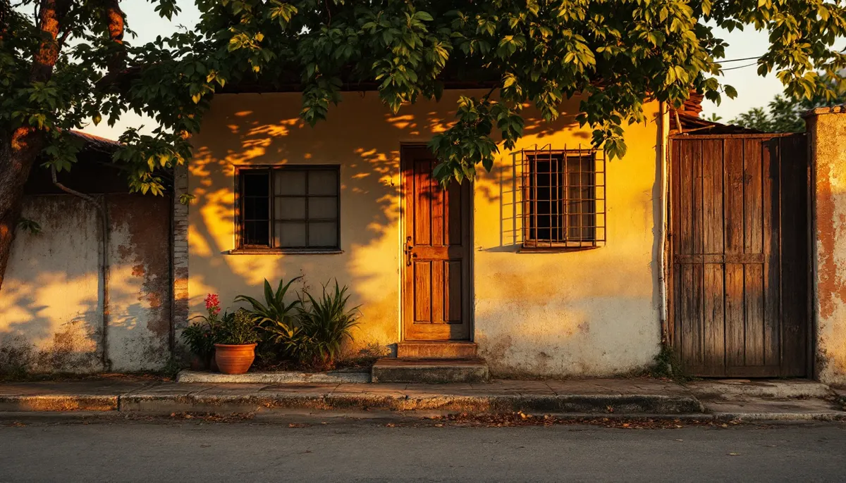 Fachada de uma casa simples em rua residencial brasileira ao entardecer, com luz dourada